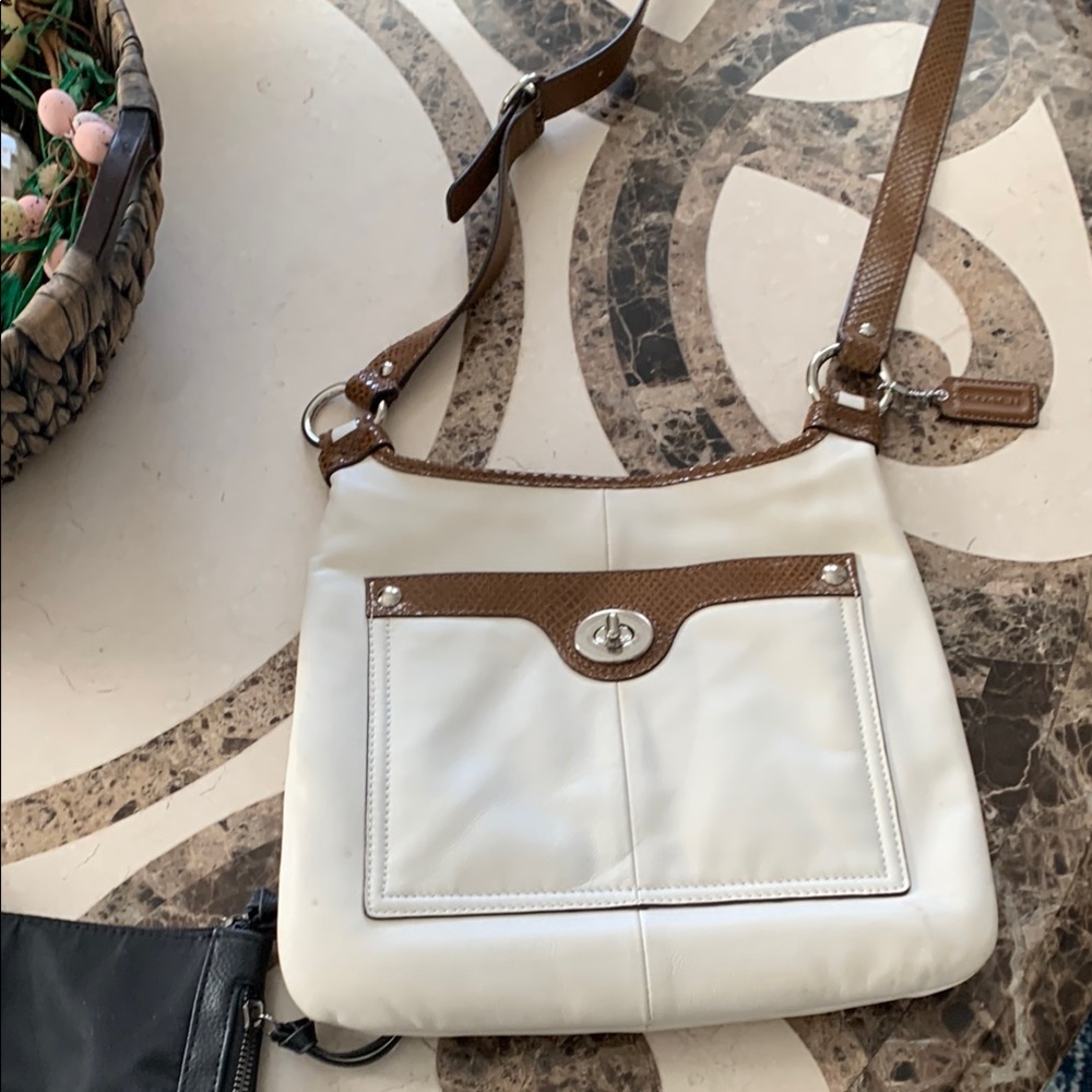 Coach Cream and Brown Crossbody Bag with Textured Design